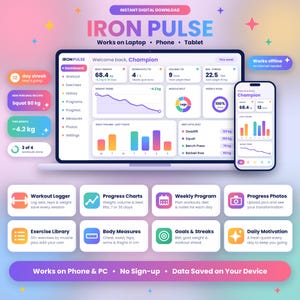 May include: A digital fitness tracking dashboard titled IRON PULSE displayed on a laptop and smartphone screen. The interface features colorful charts, weight trends, workout logs, and progress metrics against a soft gradient background.