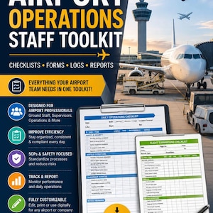 May include: A digital toolkit for airport operations staff featuring 35+ pages of checklists, forms, logs, and reports. The document includes a Daily Operations Checklist and a Flight Turnaround Checklist, presented with a pen on a clipboard.