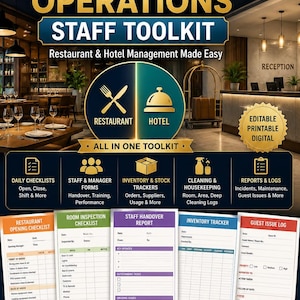 Verktygslåda för personal inom hotell- och restaurangbranschen, checklistor för restauranger och hotell, chefsformulär, lager, personalöverlämning, KPI-mallar