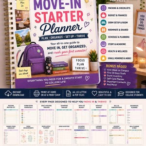 May include: A spiral-bound College Move-In Starter Planner with a purple backpack, water bottle, and light box on the cover. The planner features text including New Chapter, New Adventures, 40+ printable pages, and US Letter & A4 PDF files.