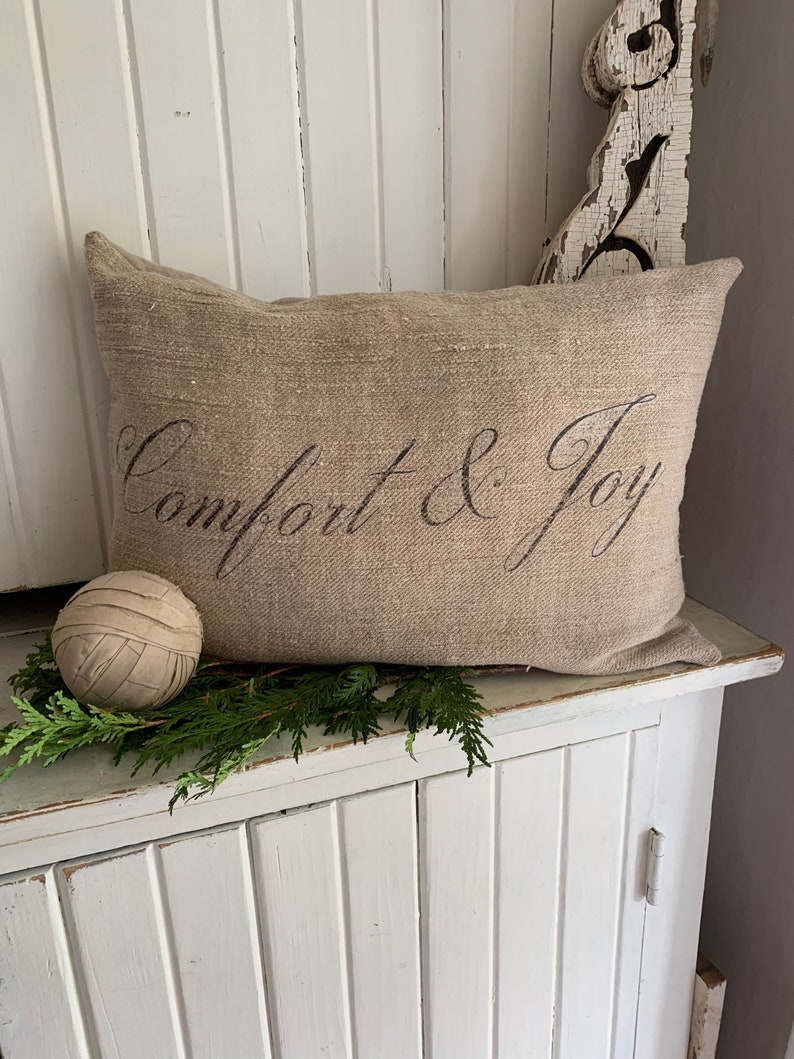 Antique Grain Sack Christmas Pillow Comfort & Joy. #christmasdecor #pillow #frenchcountry