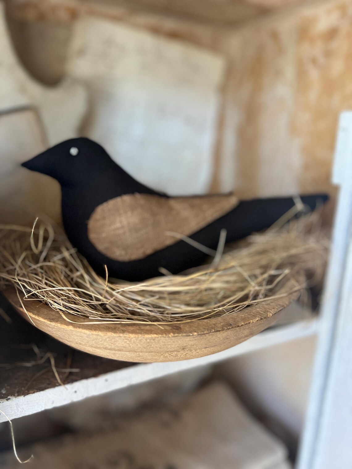 Large Primitive Crow folk Art Bird Hand Stitched Wings Primitive large-primitive-crow-folk-art-bird-hand-stitched-wings-primitive