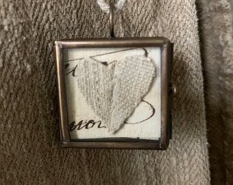 Small Framed Pendant/Antique Quilt/ Old script paper/linen cord/ grainsack