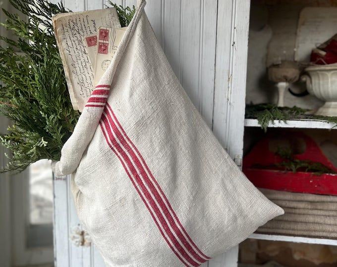LARGE Primitive Antique Grainsack Pocket ~red Stripe/french Linen ...