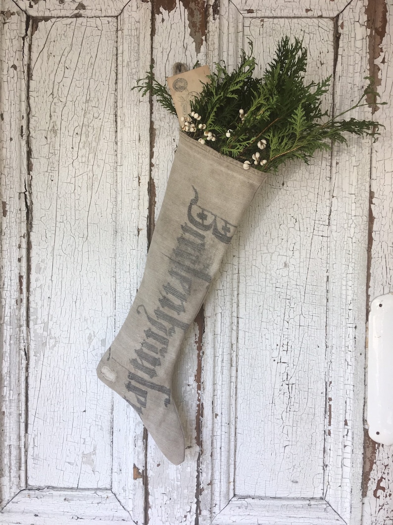 Antique Grainsack Primitive Stenciled Stocking for holiday and Christmas decor. #holidaydecor #handmade #stockings #christmasdecorating