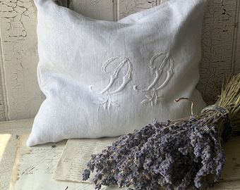 Large Lavender Pillow Sachet~ Antique linen Monogram DD