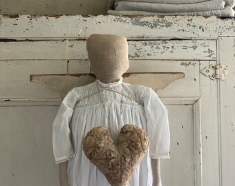 Primitive Angel Doll/Vintage Dress/antique grain sack/ antique wood