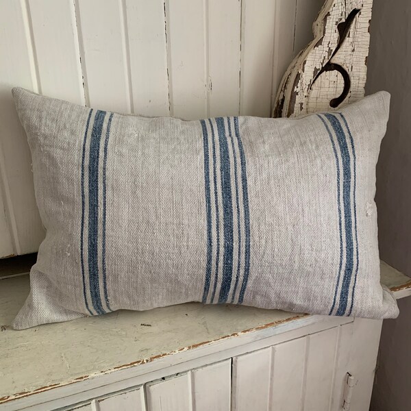 Antique Grainsack Pillow w/Blue Stripe