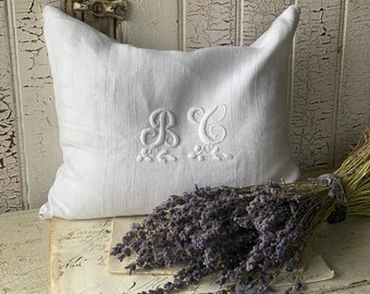 Large Lavender Pillow Sachet~ Antique linen Monogram BC