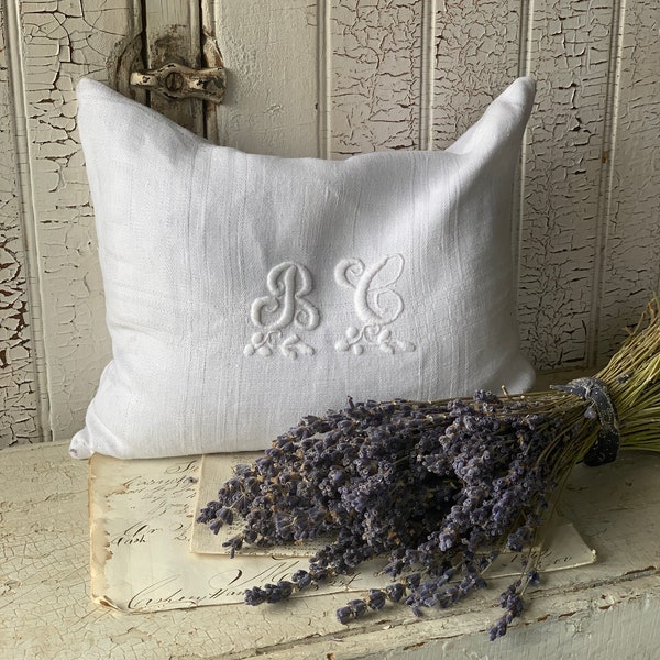 Large Lavender Pillow Sachet~ Antique linen Monogram BC