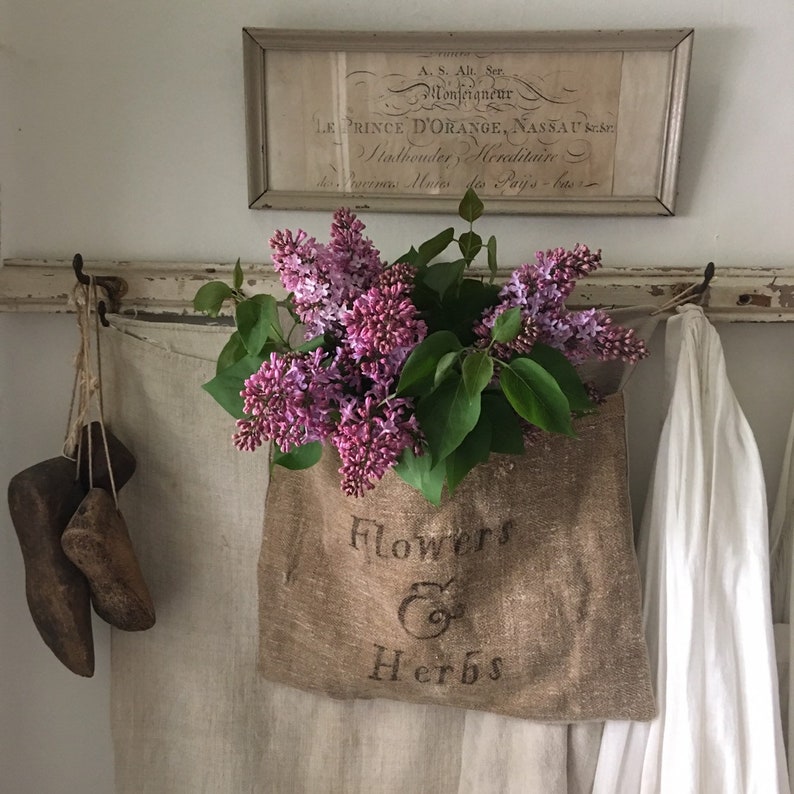 Antique grainsack pocket Flowers & Seeds - what a lovely vintage style handmade home decor find. COME CHECK OUT these gorgeous Etsy handmade decor finds for the home!