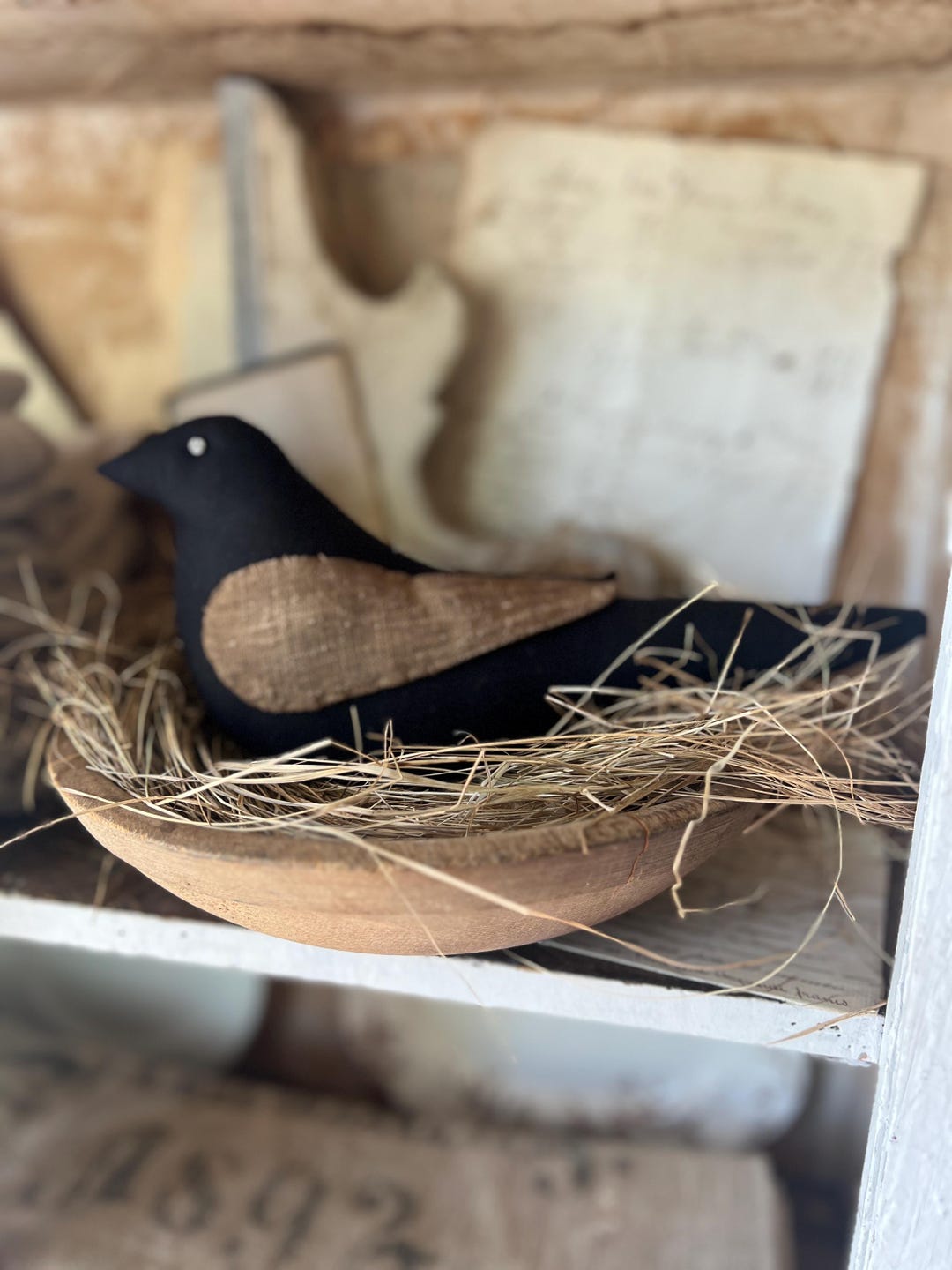Large Primitive Crow folk Art Bird Hand Stitched Wings Primitive large-primitive-crow-folk-art-bird-hand-stitched-wings-primitive