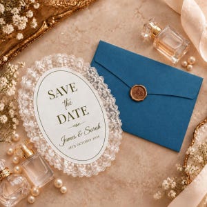 May include: An oval Save the Date card with white lace trim, featuring the text SAVE THE DATE, James & Sarah, and 18TH OCTOBER 2026. It is accompanied by a dark blue envelope with a gold wax seal and two clear glass perfume bottles.