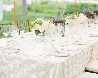 Rosette Taffeta Tablecloths, Ivory Rosette Tablecloths, White Rosette, Overlays, Tablecloths