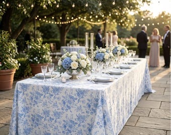 Blue Toile tablecloth, Easter Brunch, tablerunner, napkins, baby boy, something blue, summer wedding, Tea party, 4th of July