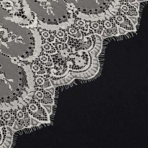 May include: White lace trim with a delicate floral pattern. The lace has a scalloped edge and is perfect for adding a touch of elegance to any project.