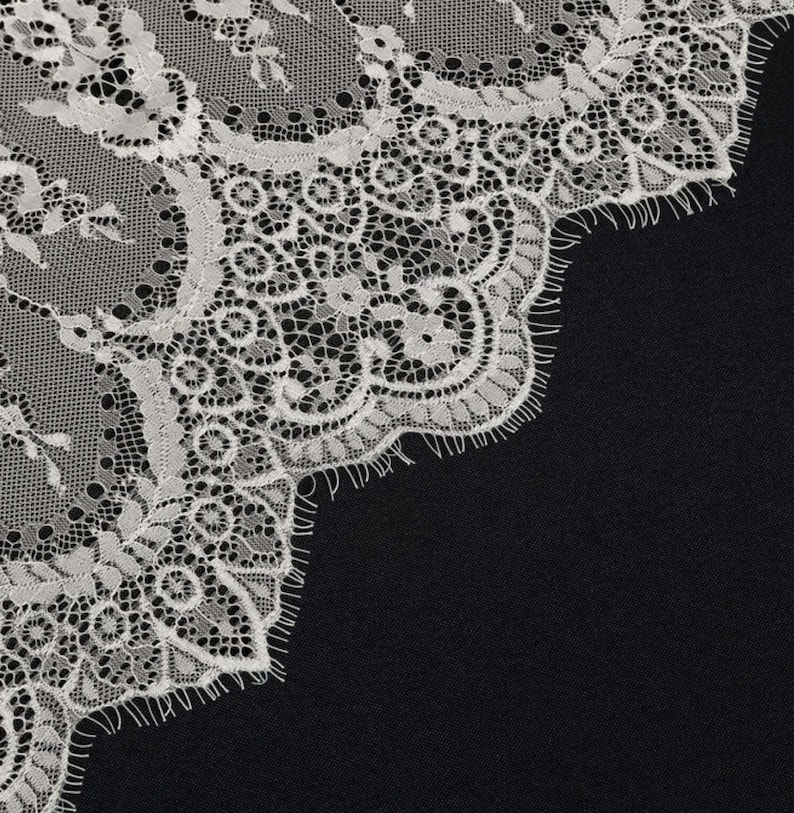 May include: White lace trim with a delicate floral pattern. The lace has a scalloped edge and is perfect for adding a touch of elegance to any project.