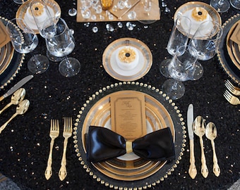 Black Sequin Tablecloths, Sequin runners, Overlays,, Kate Spade, Mod, Gatsby, Halloween, New Years day, Anniversary, Gothic, Glam