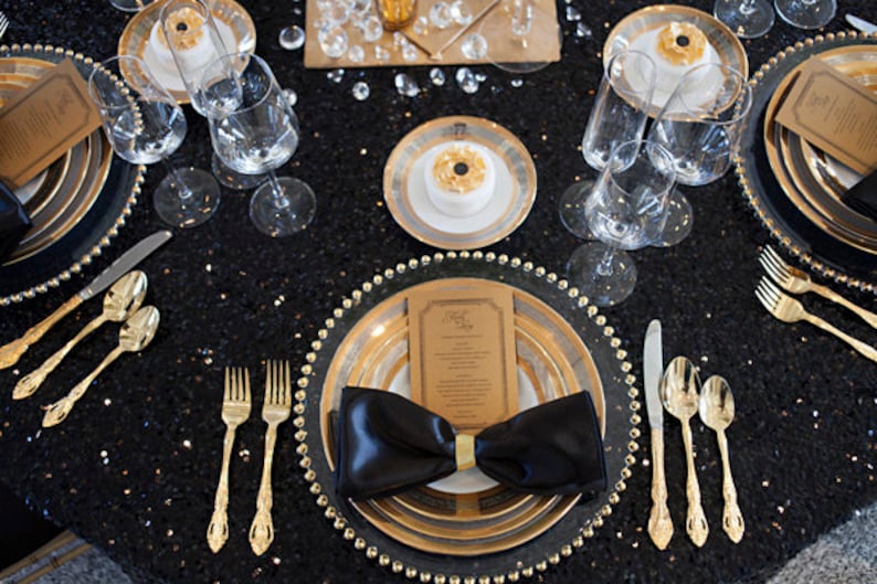 Black Sequin Tablecloths, Sequin runners, Overlays,, Kate Spade, Mod, Gatsby, Halloween, New Years day, Anniversary, Gothic, Glam image 1