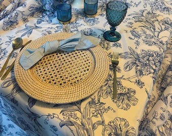 Mantel chinoiserie azul Toile, brunch de Pascua, camino de mesa, servilletas, bebé niño, algo azul, boda de verano, fiesta del té, 4 de julio