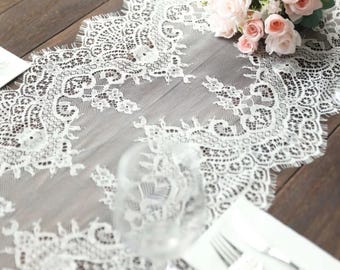 White Ivory, Black Lace Table Runner, 15" x 118"  Bridal shower, baby, christening, baptism, anniversary, easter, graduation