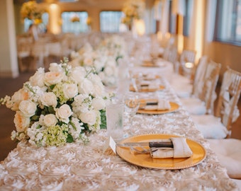 CHAMPAGNE gold ROSETTE TABLECLOTH, Rosette Wedding Tablecloth, Table Overlay, Cake Table, Anniversary, Bridal Shower