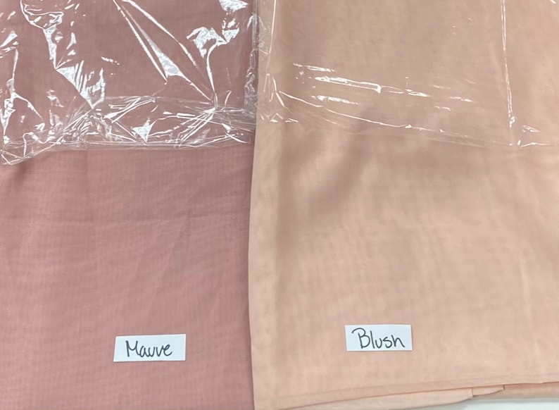 May include: Two fabric swatches, one mauve and one blush, labeled with their respective colors.