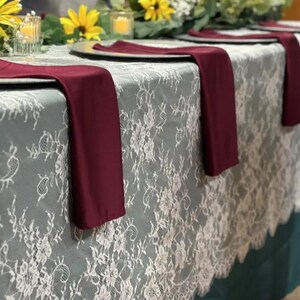 May include: A gray lace tablecloth with a teal border. Four burgundy napkins are placed on the table, with a white plate and a clear glass in front of each napkin.