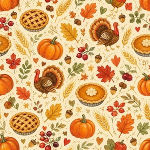 May include: A repeating pattern on a cream background featuring illustrations of orange pumpkins, brown turkeys with fanned tails, golden wheat stalks, red and orange autumn leaves, brown acorns, red berries, and golden brown pies.