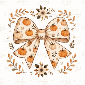 Puede incluir: Un gran lazo decorativo con fondo color crema y un patrón repetitivo de calabazas naranjas y pequeñas hojas marrones. El lazo está enmarcado por una disposición circular de hojas en tonos otoñales y dos flores de colores claros.