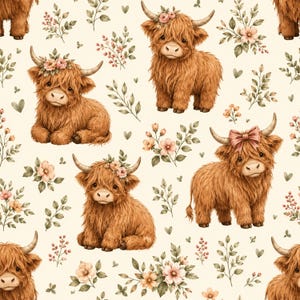May include: A seamless pattern featuring fluffy brown Highland cattle calves on a cream background. The calves are adorned with floral crowns or a pink bow. The design includes scattered green leafy branches, small pink berries, and tiny hearts.