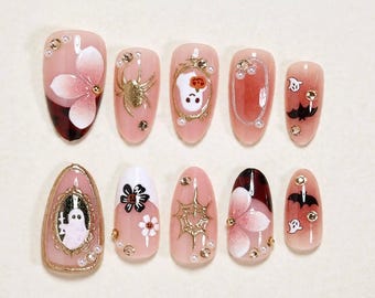 3D Ghost Press On Nails | Cute Ghost Nail Art, Gold Spiderweb & Floral Fake Nails, Spooky Aesthetic Acrylic Pressons, Reusable Handmade Nail
