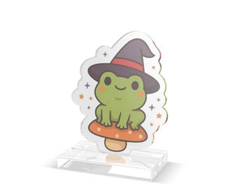 Kawaii Frog Witch Acrylic Standee | Mushroom Halloween Desk Decor