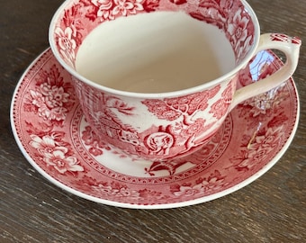 Vintage Red Transferware Teacup Saucer Set Pink Chinoiserie Pagoda Elephant