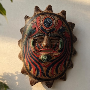 Vintage Hand Painted Sun Face Wall Mask | Folk Art Ceramic Wall Hanging | Rustic Boho Home Decor | Mexican Style Decorative Mask
