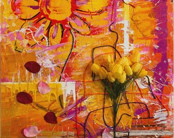 Blooming Presence Floral Wall Art Print, Yellow Tulip Botanical Artwork, Modern Abstract Decor, Contemporary Fine Art Print