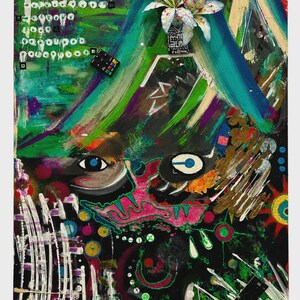 May include: A mixed-media painting featuring a vibrant abstract composition with bold green, black, and blue brushstrokes. The artwork includes a three-dimensional white lily, a small remote control, and a grid of white circles on a dark background.