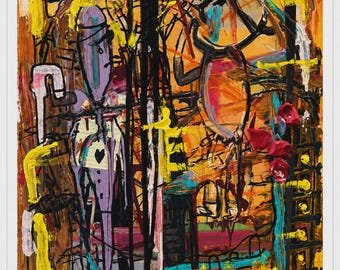 Crimson Frequency Abstract Wall Art Print, Modern Expressionist Artwork, Colorful Urban Decor, Contemporary Fine Art Print
