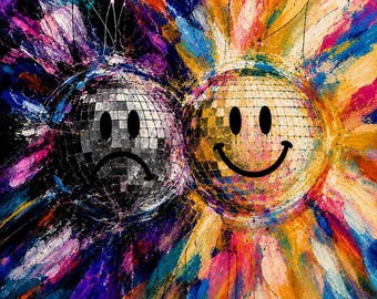 DISKO Happy Sad Face Canvas Wall Art, Disco Ball Print, Colorful Abstract Wall Decor, Emotional Duality Art, Street Pop Art, Modern Home