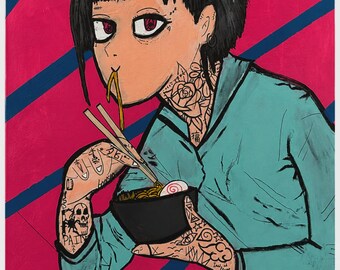 Midnight Ramen Fine Art Print | Anime Inspired Pop Art Wall Decor | Neon Japanese Style Character Poster | Modern Statement Artwork