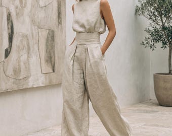Linen Jumpsuit Set, Mock Neck Top, High Waist Pleated Pants, Summer Matching Set, Elegant Vacation Outfit, Top Wide Leg, High Neck, Wide Leg