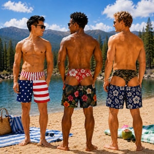 Può includere: Tre costumi da bagno con motivi distinti: uno con design a bandiera americana, uno con stampa floreale rossa e uno con stampa floreale blu scuro. Ogni paio include un intimo abbinato a perizoma visibile sopra la linea della vita.