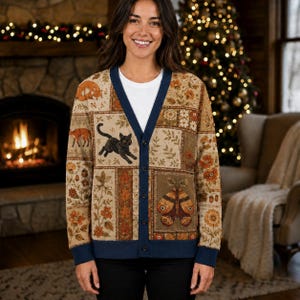 Könnte beinhalten: Eine langärmelige Strickjacke mit Knopfleiste und Patchwork-Design, verziert mit Illustrationen einer schwarzen Katze, einer Motte, eines Fuchses sowie verschiedenen Blumen- und Blattmustern in Braun-, Orange- und Cremetönen, abgesetzt mit dunkelblauem Saum.