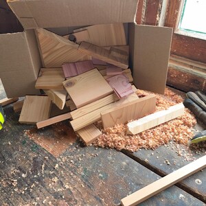 May include: A cardboard box filled with various small, light-colored wooden scraps and blocks of different shapes and sizes, including some reddish-toned pieces, resting among wood shavings and sawdust on a dark, worn wooden workbench.