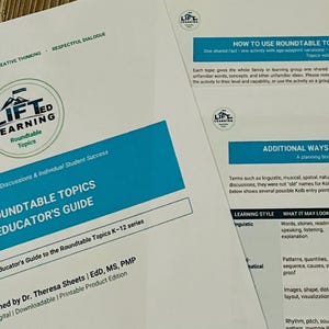 May include: A white paper document titled Roundtable Topics Educator's Guide by Dr. Theresa Sheets, featuring the Lifted Learning logo, blue accent bars, and instructional text regarding K-12 curriculum and multiple intelligences support.