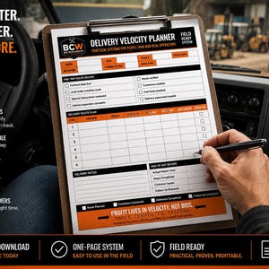 May include: A Delivery Velocity Planner form on a clipboard with orange and black headers. The document includes sections for route review, a delivery route plan table, and end-of-day review. The BCW logo is visible at the top and on a black tumbler.