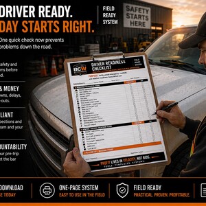 May include: A clipboard featuring a printed Driver Readiness Checklist with sections for resource readiness and winter weather items. The document includes the BCW Blue Collar Workflow logo, text headers, and checkboxes for inspection tasks, presented on a white sheet.