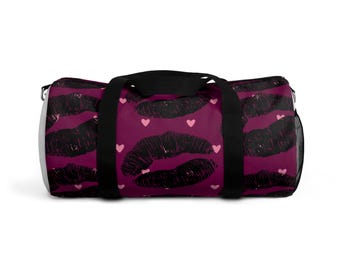 Black Kiss Print Duffel Bag | Lipstick Kiss Pattern, Pink Hearts