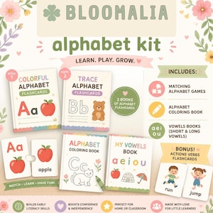 Puede incluir: El kit de alfabeto Bloomalia incluye dos libros de alfabeto, un libro para colorear, un libro de vocales, tarjetas de memoria de alfabeto y tarjetas de verbos de acción. El conjunto presenta ilustraciones de manzanas, osos, gatos y niños.