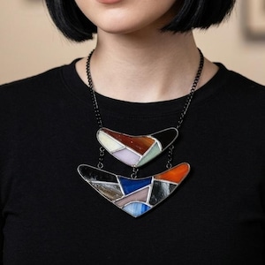 Handmade Stained Glass Statement Necklace, Modern Mosaic Art Object Necklace, Colorful Geometric Collectible Pendant, Expressive Necklace.